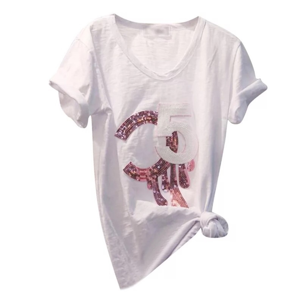 White And Pink Relaxed Fit Cotton Sequin Tee - Picture 2 of 6